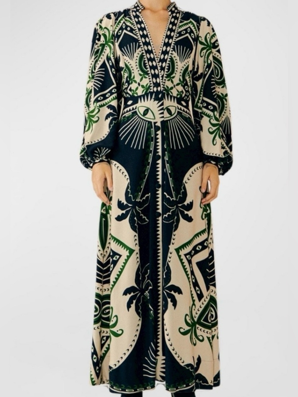 RARE Farm Rio Mystic Scarf Maxi Dress in bold black, cream and green print, S.